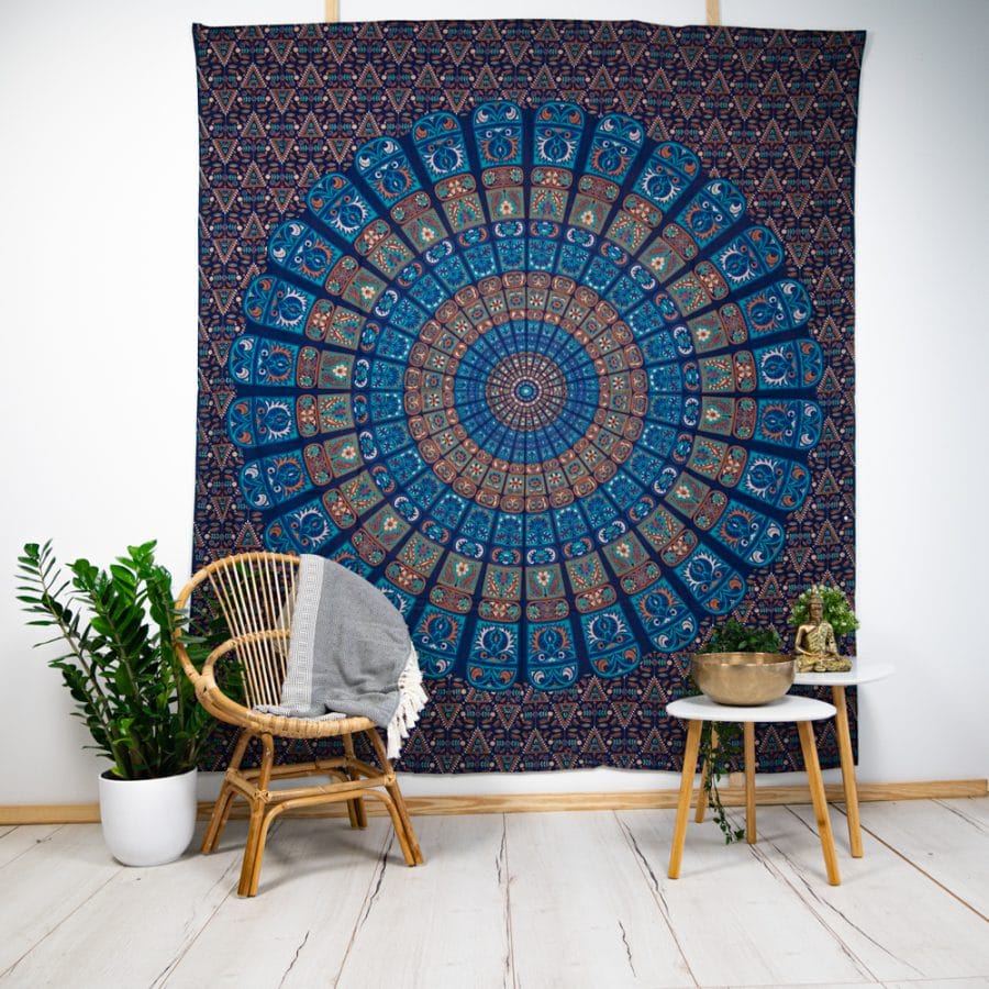 Authentiek wandkleed Mandala blauw/oranje (240 x 210 cm) - Afbeelding 2