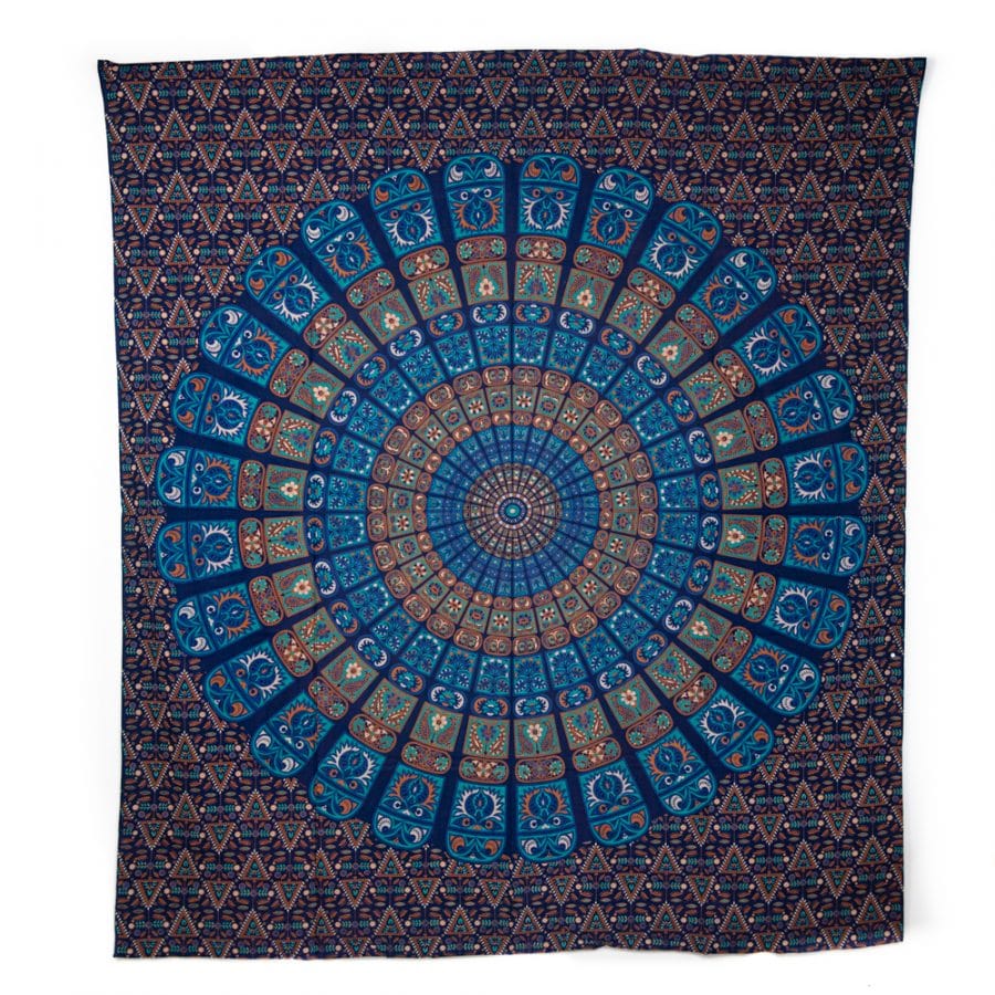 Authentiek wandkleed Mandala blauw/oranje (240 x 210 cm)