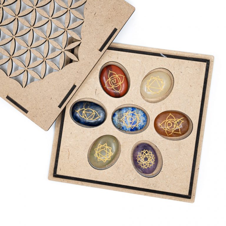 Chakra edelstenen set in houten doosje flower of life - Afbeelding 4