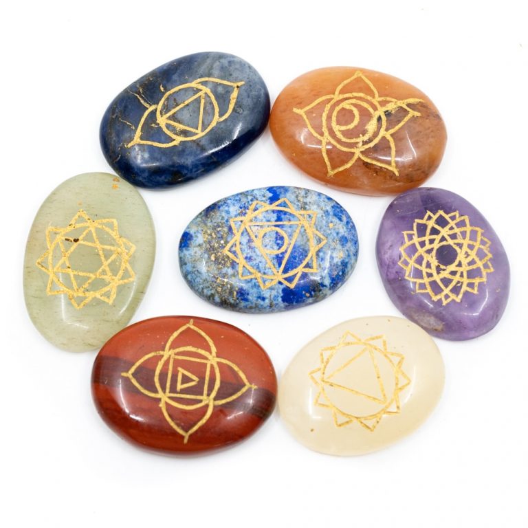 Chakra edelstenen set in houten doosje flower of life - Afbeelding 2